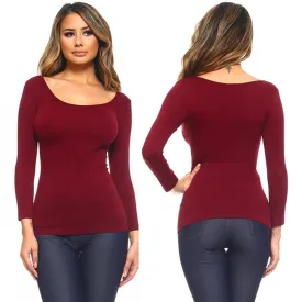 2pc Women Seamless Long Sleeve Shirt Scoop Neck Tunic Basic One Size Wine Red