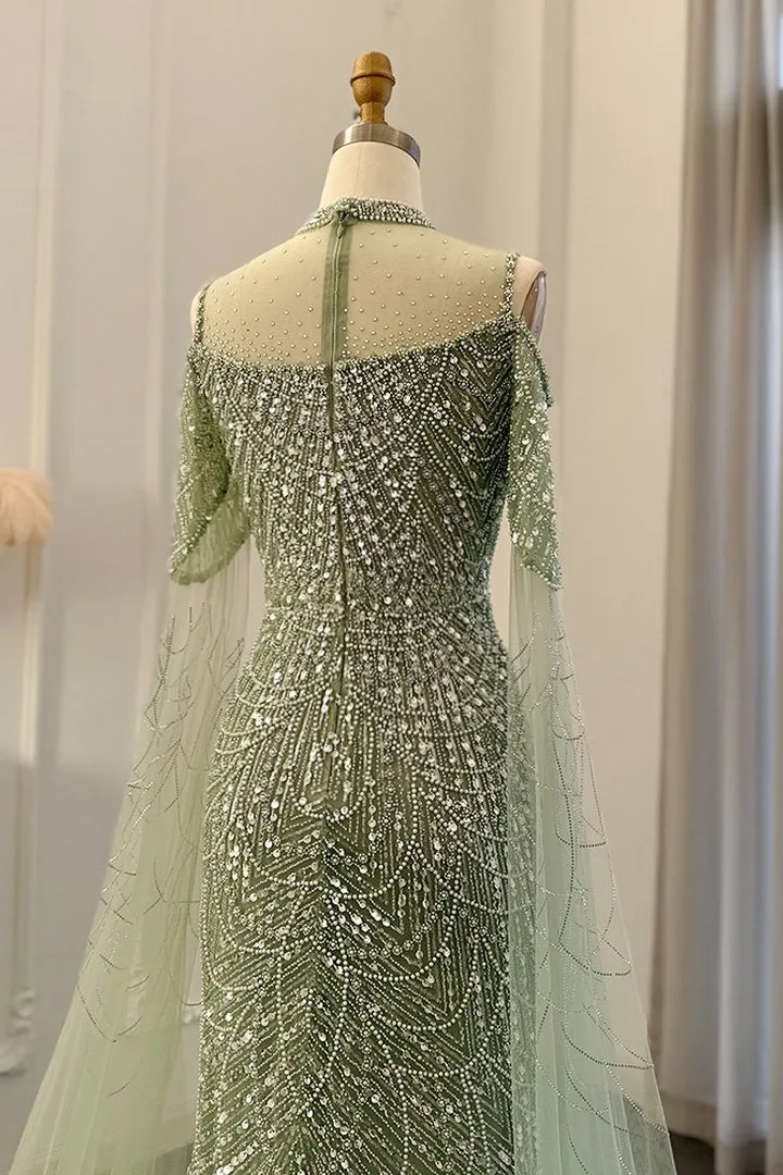 Classy High Neck Pearls Prom Dress Mermaid Long With Ruffle