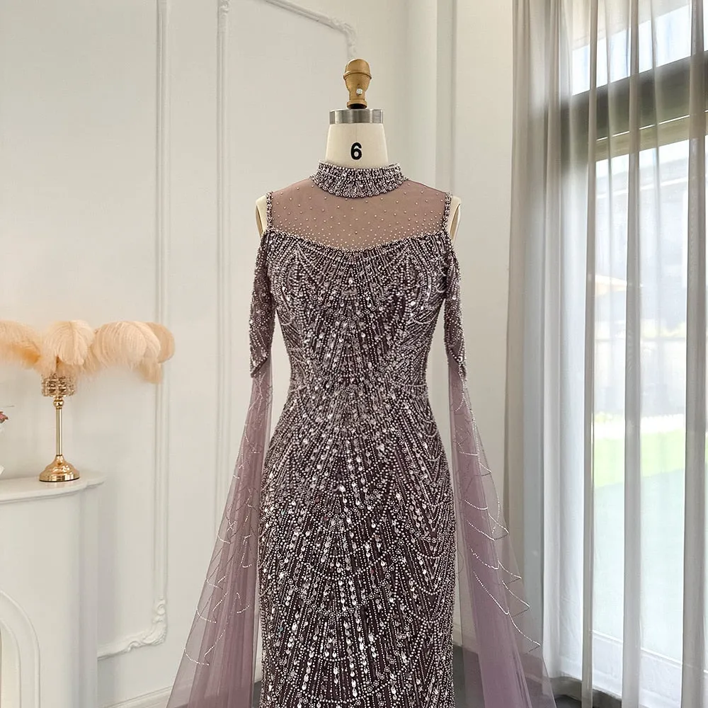 Classy High Neck Pearls Prom Dress Mermaid Long With Ruffle