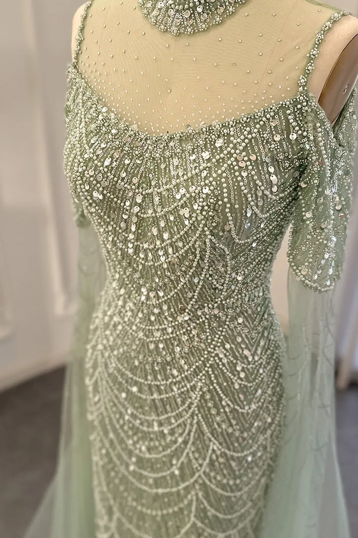 Classy High Neck Pearls Prom Dress Mermaid Long With Ruffle