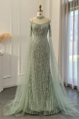 Classy High Neck Pearls Prom Dress Mermaid Long With Ruffle