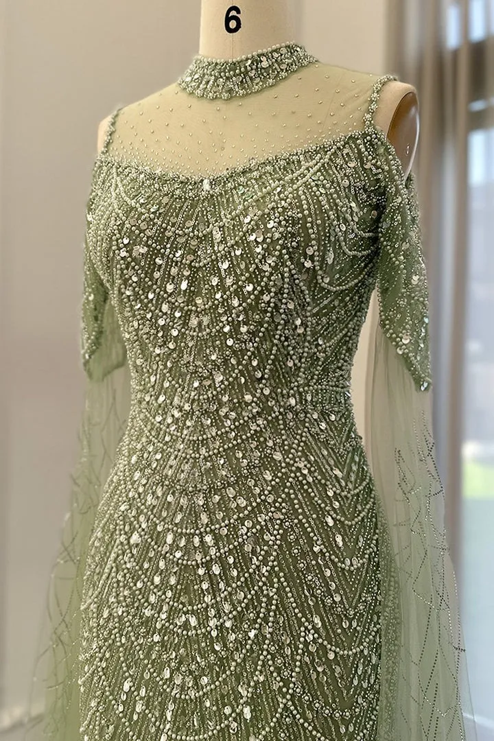 Classy High Neck Pearls Prom Dress Mermaid Long With Ruffle