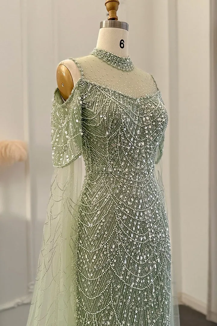Classy High Neck Pearls Prom Dress Mermaid Long With Ruffle