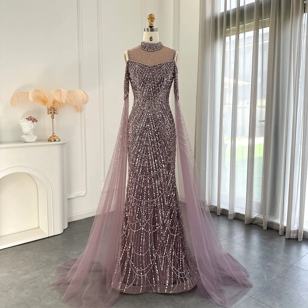 Classy High Neck Pearls Prom Dress Mermaid Long With Ruffle