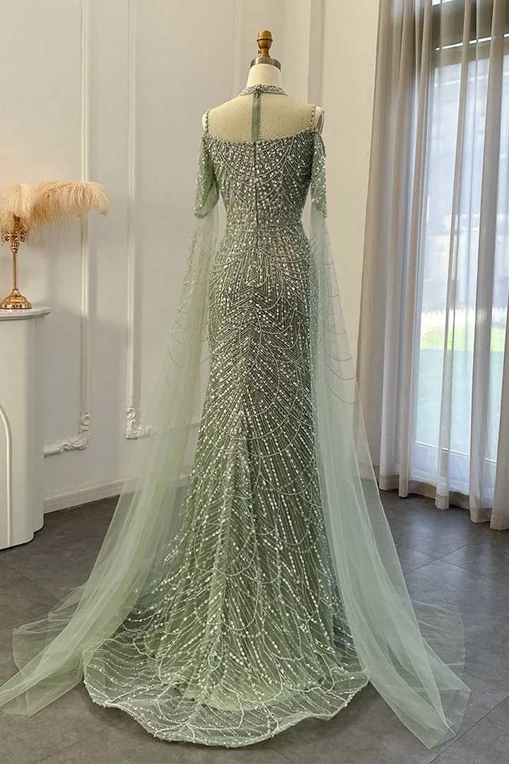 Classy High Neck Pearls Prom Dress Mermaid Long With Ruffle
