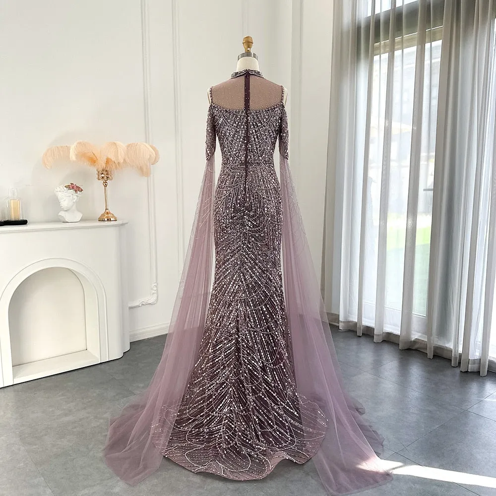 Classy High Neck Pearls Prom Dress Mermaid Long With Ruffle