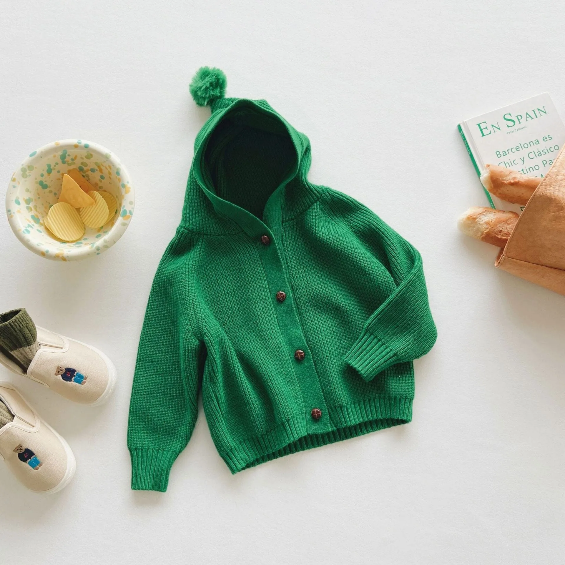 Elf Pompom Hooded Cardigan Sweater