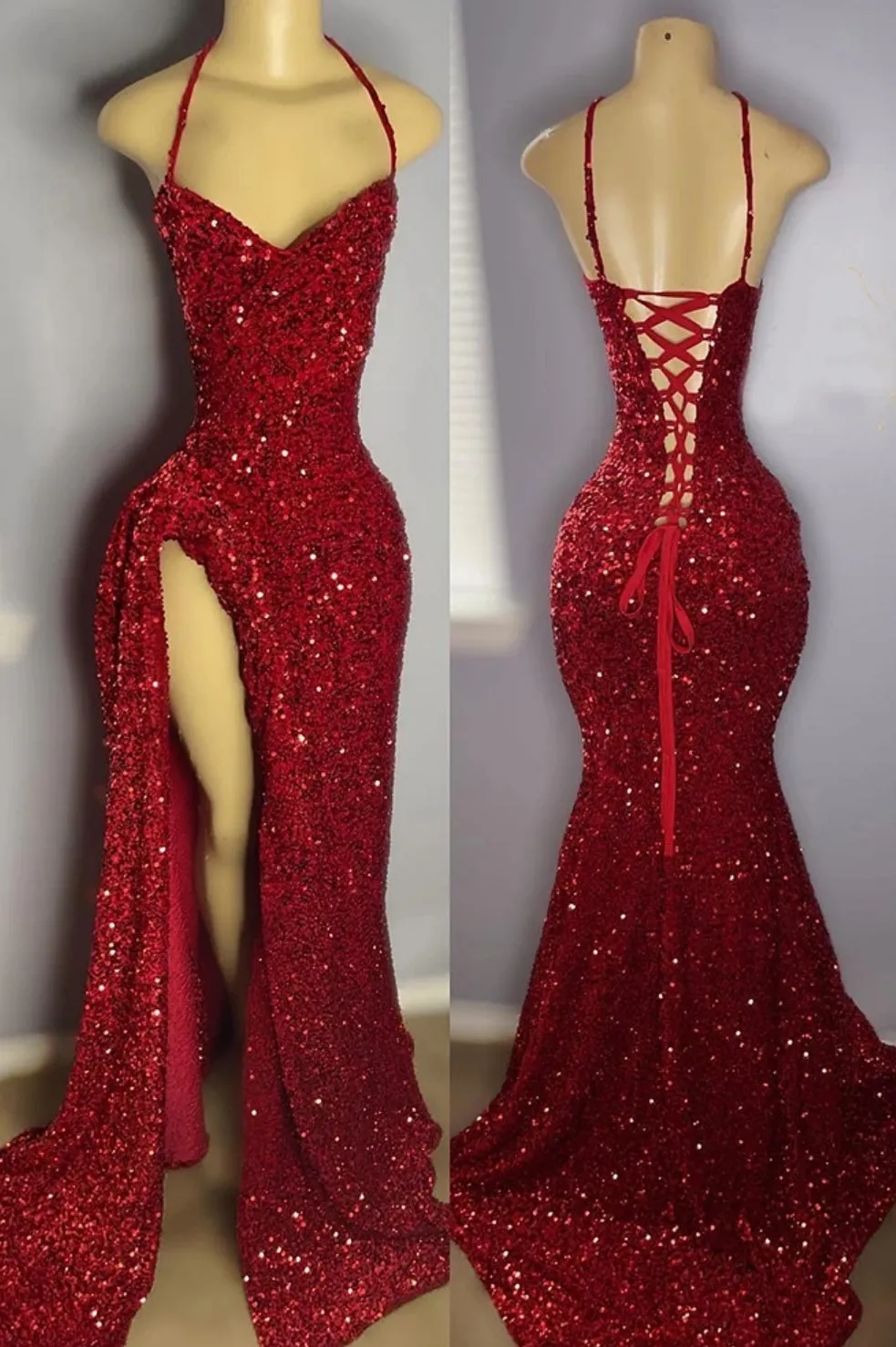Halter Burgundy High Split Floor Length Prom Party Dresses