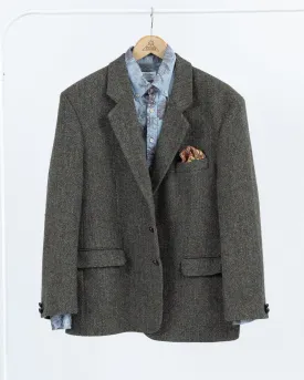Harris Tweed Herringbone Dark Khaki Green 2 Button Blazer, US 44R, EU 54