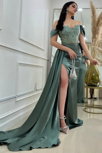 Long Stain Off-The-Shoulder Slit Front Sweetheart Prom Dresses with Lace