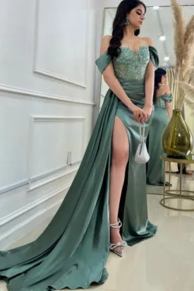 Long Stain Off-The-Shoulder Slit Front Sweetheart Prom Dresses with Lace