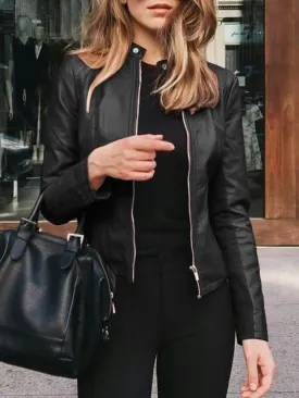 Solid Color  Zipper Short Leather Jacket