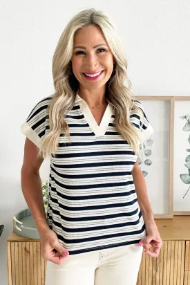 Striped Rib Collared V-Neck Short Sleeve