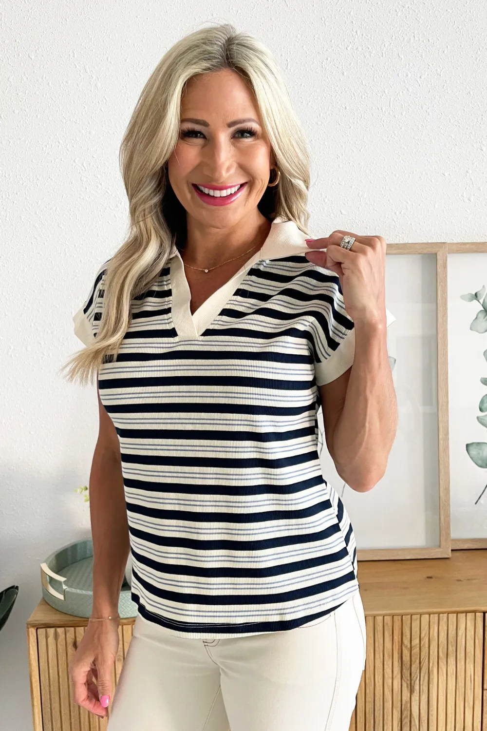 Striped Rib Collared V-Neck Short Sleeve