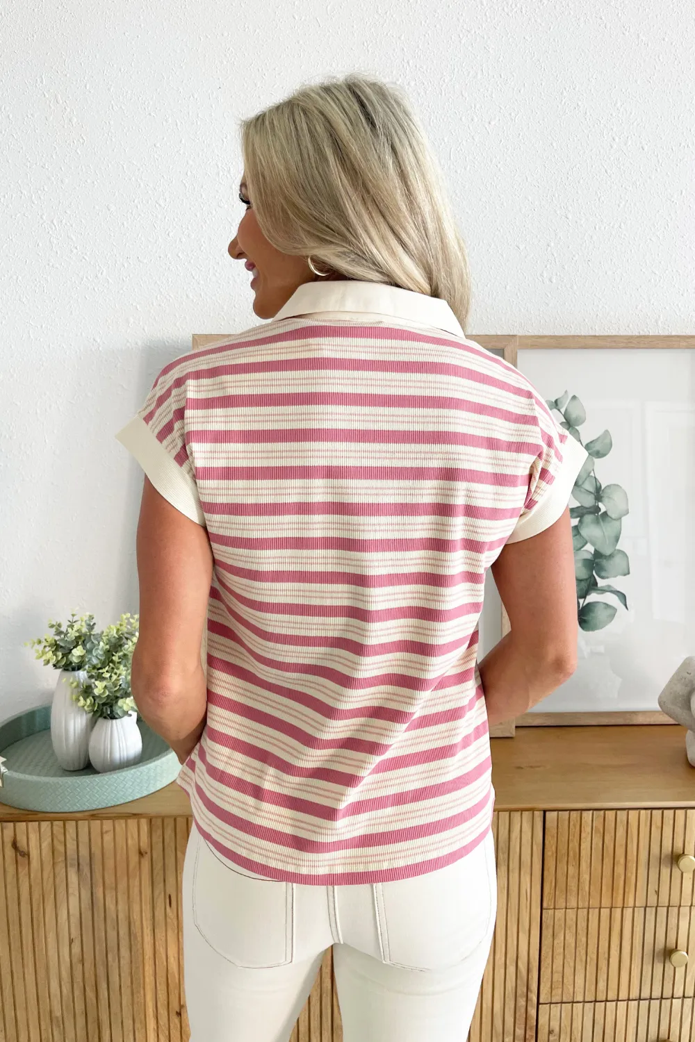 Striped Rib Collared V-Neck Short Sleeve