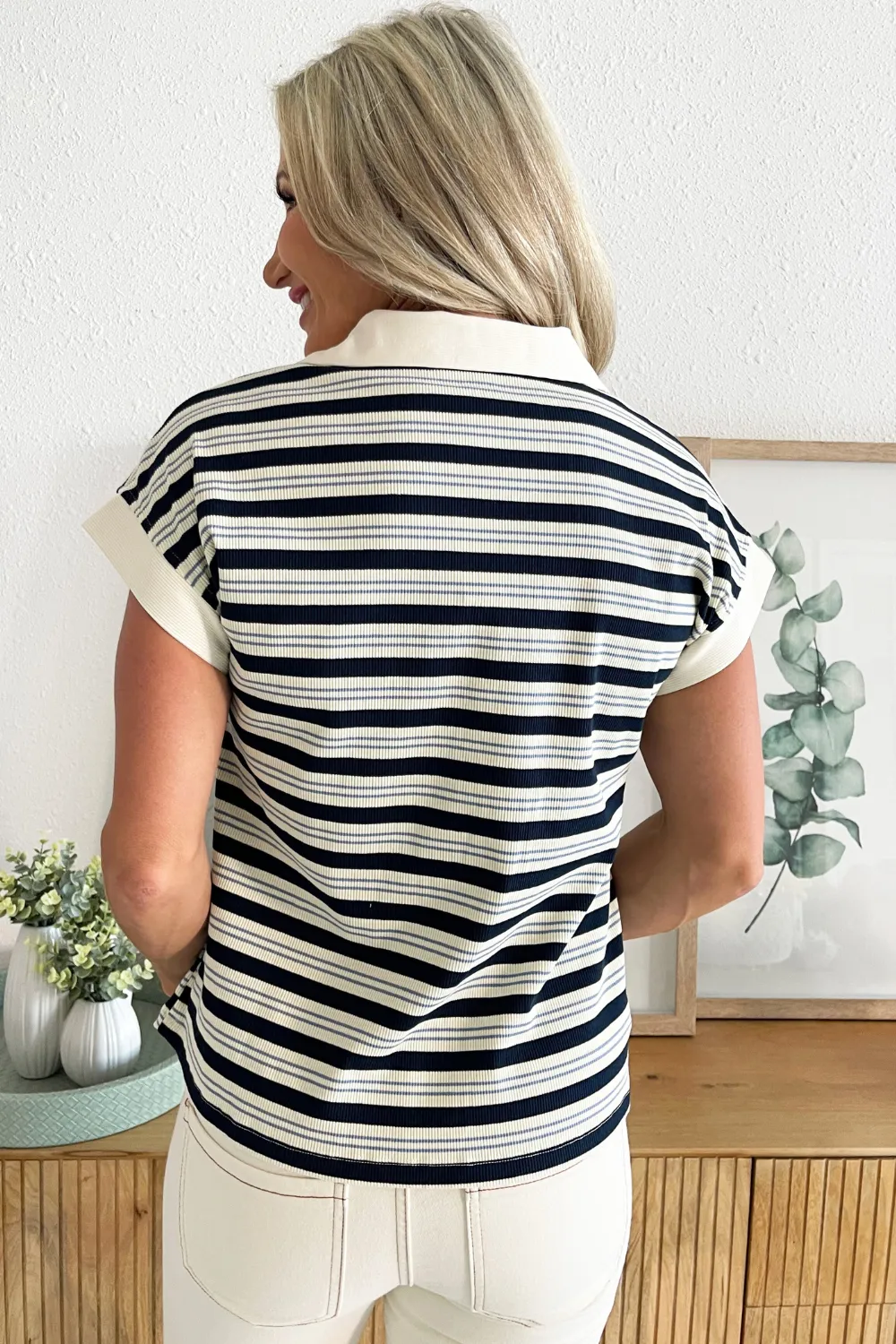 Striped Rib Collared V-Neck Short Sleeve
