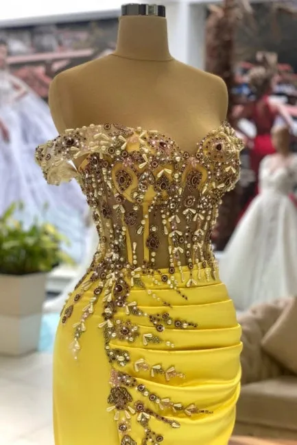 Suzhoufashion Column Yellow Sleeveless Off-The-Shoulder Stain Long Sweetheart Prom Dresses with Beadings